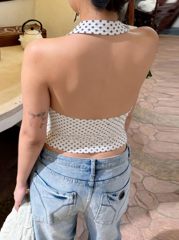 Ženski halter top bez rukava s točkasti uzorom, uski kroj, ljeto 2025, Milk Silk/Poliester 90–95%, Spandex <30%