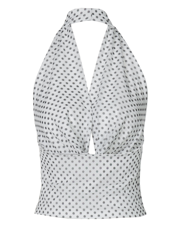 Ženski halter top bez rukava s točkasti uzorom, uski kroj, ljeto 2025, Milk Silk/Poliester 90–95%, Spandex <30%