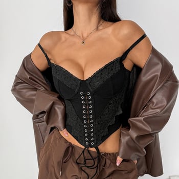 Ženski čipkasti top s čeličnim kostima (boning), dvostruke naramenice, gotički stil, uski kroj, poliester/elastan