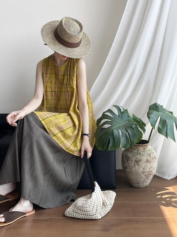 Ženska babydoll majica, karirani uzorak, slobodan kroj, bez rukava, pamuk–poliesterska smjesa, srednja duljina 65–80 cm