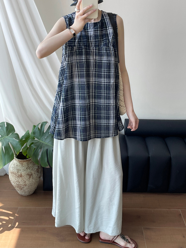 Ženska babydoll majica, karirani uzorak, slobodan kroj, bez rukava, pamuk–poliesterska smjesa, srednja duljina 65–80 cm