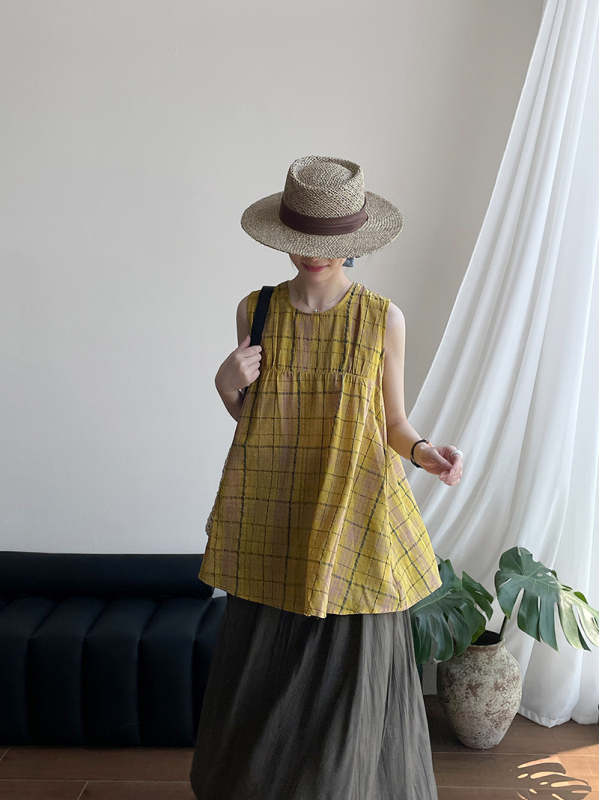 Ženska babydoll majica, karirani uzorak, slobodan kroj, bez rukava, pamuk–poliesterska smjesa, srednja duljina 65–80 cm