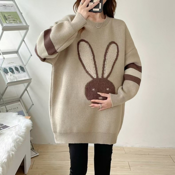 Πουλόβερ εγκύων με κουκούλα, ακρυλικές ίνες, μοτίβο καρτούν, μανίκια φτερωτά, μεσαίου μήκους, φαρδιά γραμμή