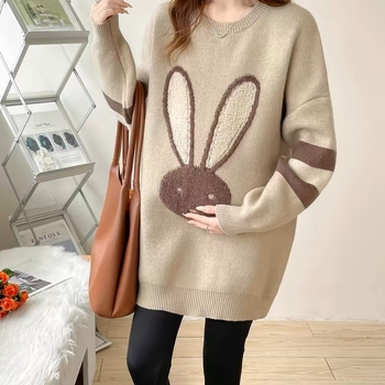 Πουλόβερ εγκύων με κουκούλα, ακρυλικές ίνες, μοτίβο καρτούν, μανίκια φτερωτά, μεσαίου μήκους, φαρδιά γραμμή