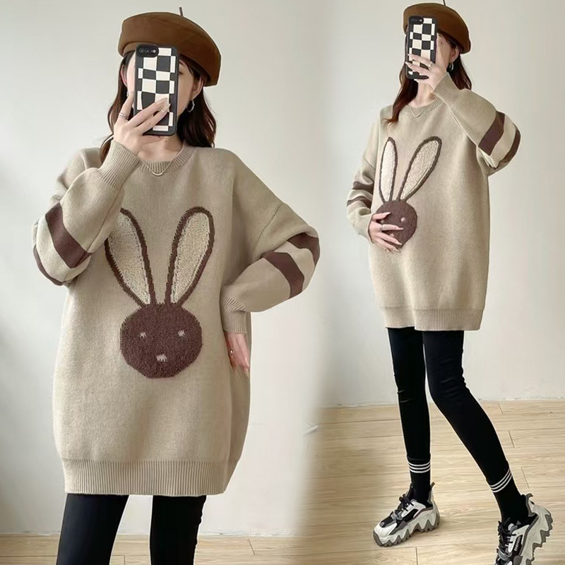 Πουλόβερ εγκύων με κουκούλα, ακρυλικές ίνες, μοτίβο καρτούν, μανίκια φτερωτά, μεσαίου μήκους, φαρδιά γραμμή