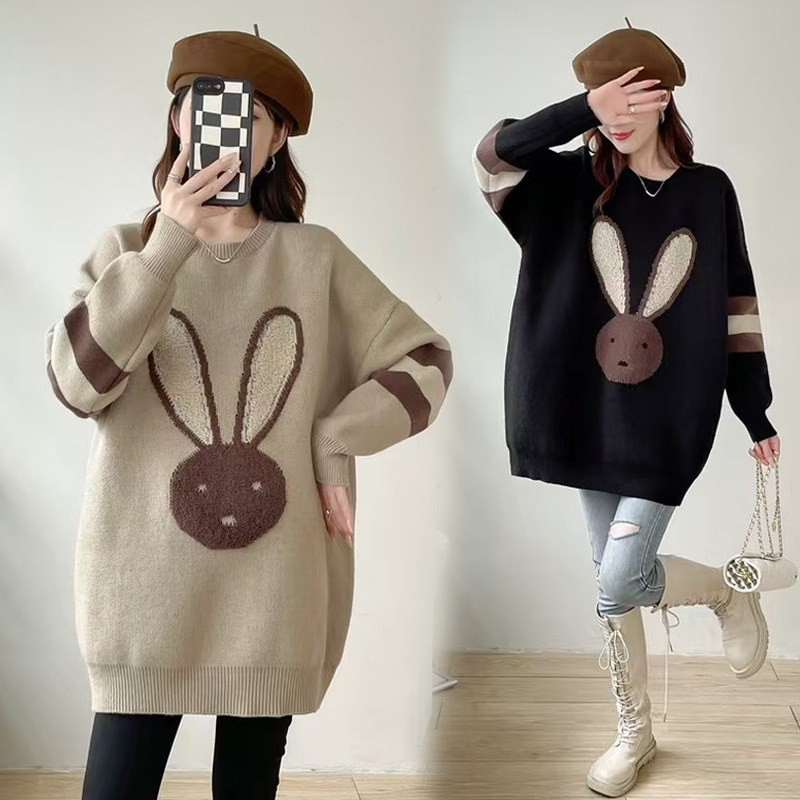 Πουλόβερ εγκύων με κουκούλα, ακρυλικές ίνες, μοτίβο καρτούν, μανίκια φτερωτά, μεσαίου μήκους, φαρδιά γραμμή