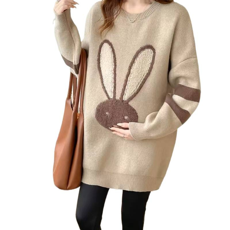 Πουλόβερ εγκύων με κουκούλα, ακρυλικές ίνες, μοτίβο καρτούν, μανίκια φτερωτά, μεσαίου μήκους, φαρδιά γραμμή