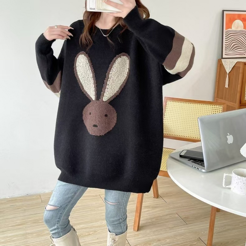 Πουλόβερ εγκύων με κουκούλα, ακρυλικές ίνες, μοτίβο καρτούν, μανίκια φτερωτά, μεσαίου μήκους, φαρδιά γραμμή