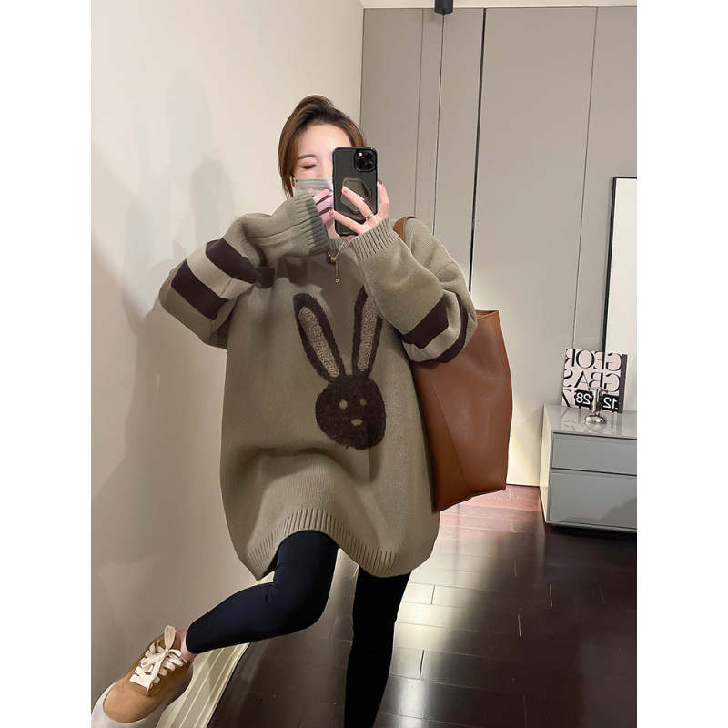 Πουλόβερ εγκύων με κουκούλα, ακρυλικές ίνες, μοτίβο καρτούν, μανίκια φτερωτά, μεσαίου μήκους, φαρδιά γραμμή