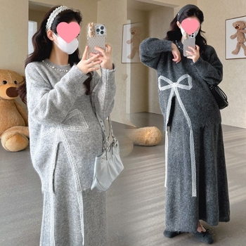 Trudnički jesensko-zimski pleteni set: top s dugim rukavima i kratka suknja, Air Cotton Knit, 100% pamuk