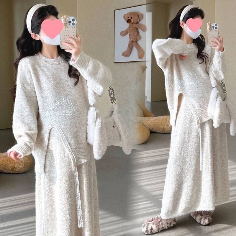 Trudnički jesensko-zimski pleteni set: top s dugim rukavima i kratka suknja, Air Cotton Knit, 100% pamuk