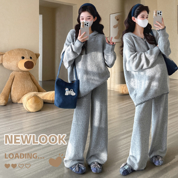 Trudnički dvodijelni set: korejski hoodie udoban pleteni top i široke hlače, akrilna vlakna, spandeks 30–50%, jesen 2025