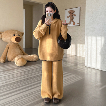 Trudnički dvodijelni set: korejski hoodie udoban pleteni top i široke hlače, akrilna vlakna, spandeks 30–50%, jesen 2025