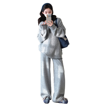 Trudnički dvodijelni set: korejski hoodie udoban pleteni top i široke hlače, akrilna vlakna, spandeks 30–50%, jesen 2025