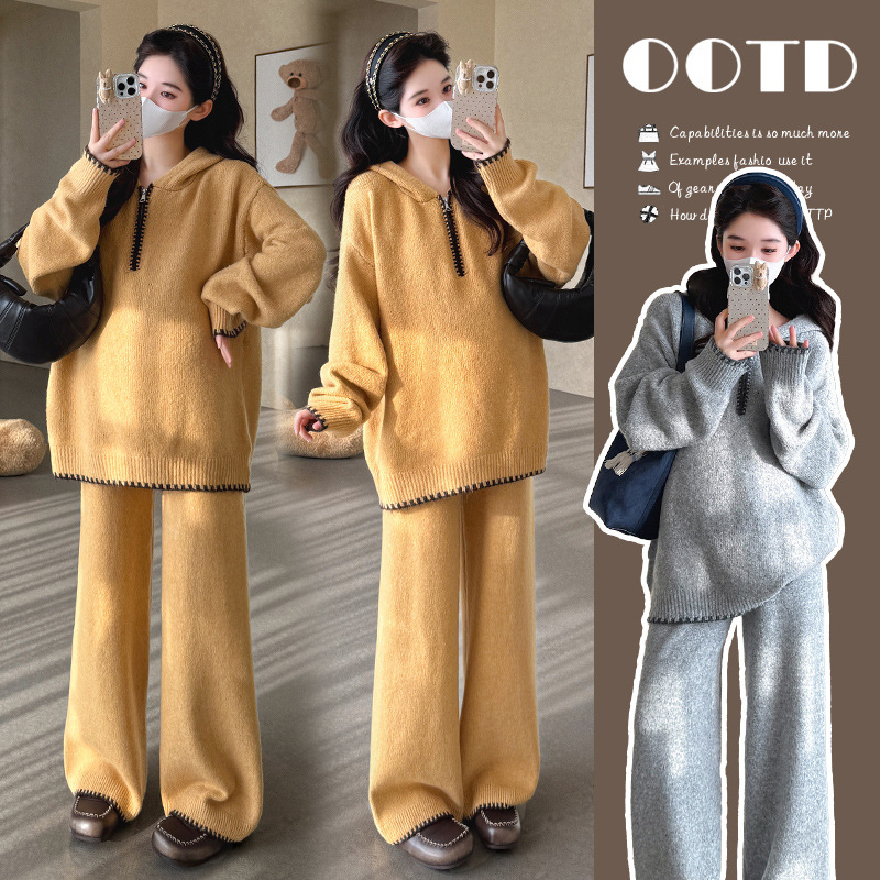 Trudnički dvodijelni set: korejski hoodie udoban pleteni top i široke hlače, akrilna vlakna, spandeks 30–50%, jesen 2025