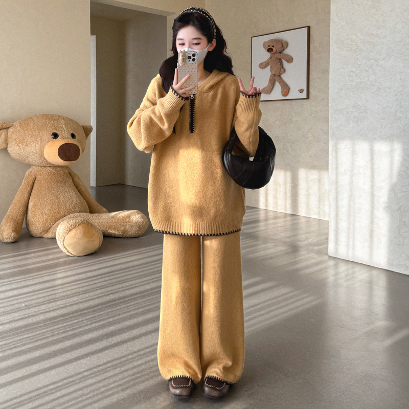 Trudnički dvodijelni set: korejski hoodie udoban pleteni top i široke hlače, akrilna vlakna, spandeks 30–50%, jesen 2025