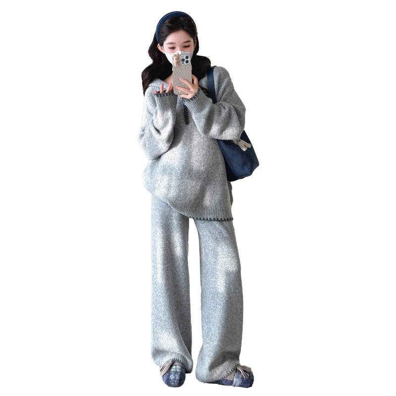 Trudnički dvodijelni set: korejski hoodie udoban pleteni top i široke hlače, akrilna vlakna, spandeks 30–50%, jesen 2025