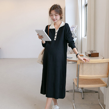 Haljina za trudnoću u korejskom stilu, s reverom, dugi rukavi, midi A-linija, poliester 95%+