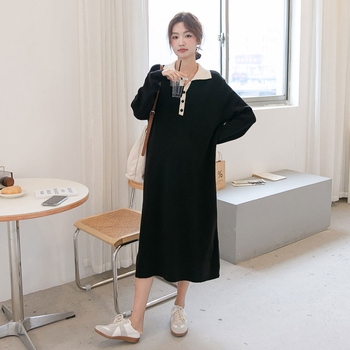 Haljina za trudnoću u korejskom stilu, s reverom, dugi rukavi, midi A-linija, poliester 95%+