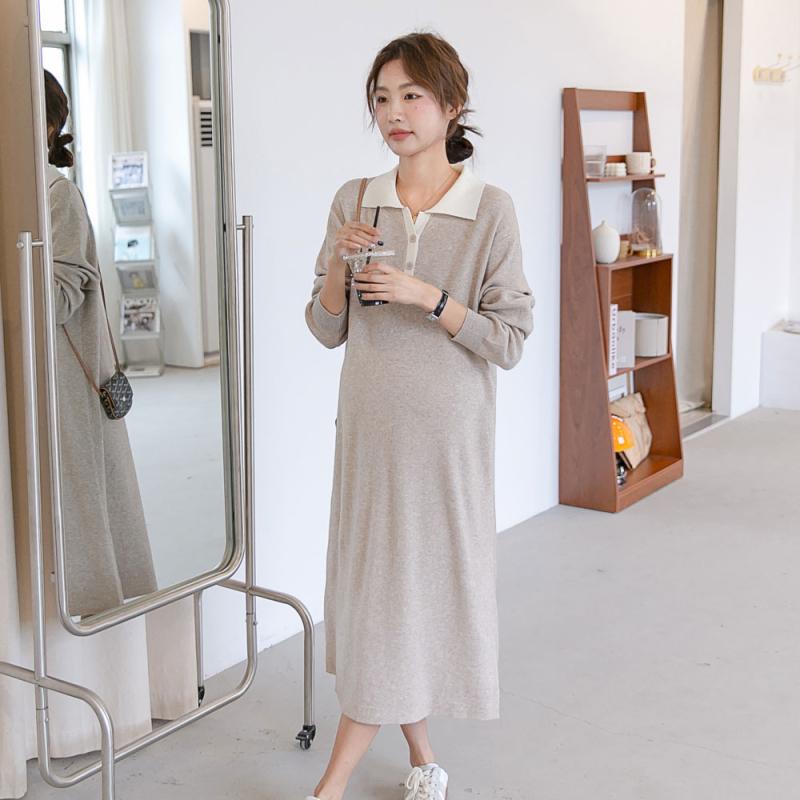 Haljina za trudnoću u korejskom stilu, s reverom, dugi rukavi, midi A-linija, poliester 95%+