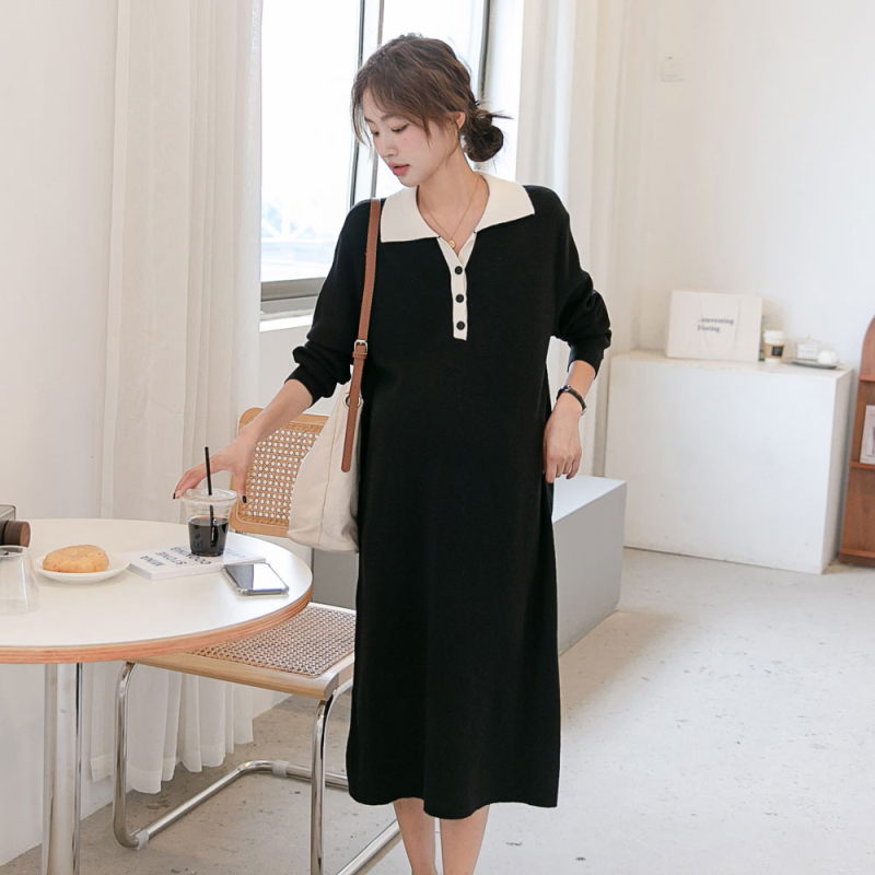 Haljina za trudnoću u korejskom stilu, s reverom, dugi rukavi, midi A-linija, poliester 95%+