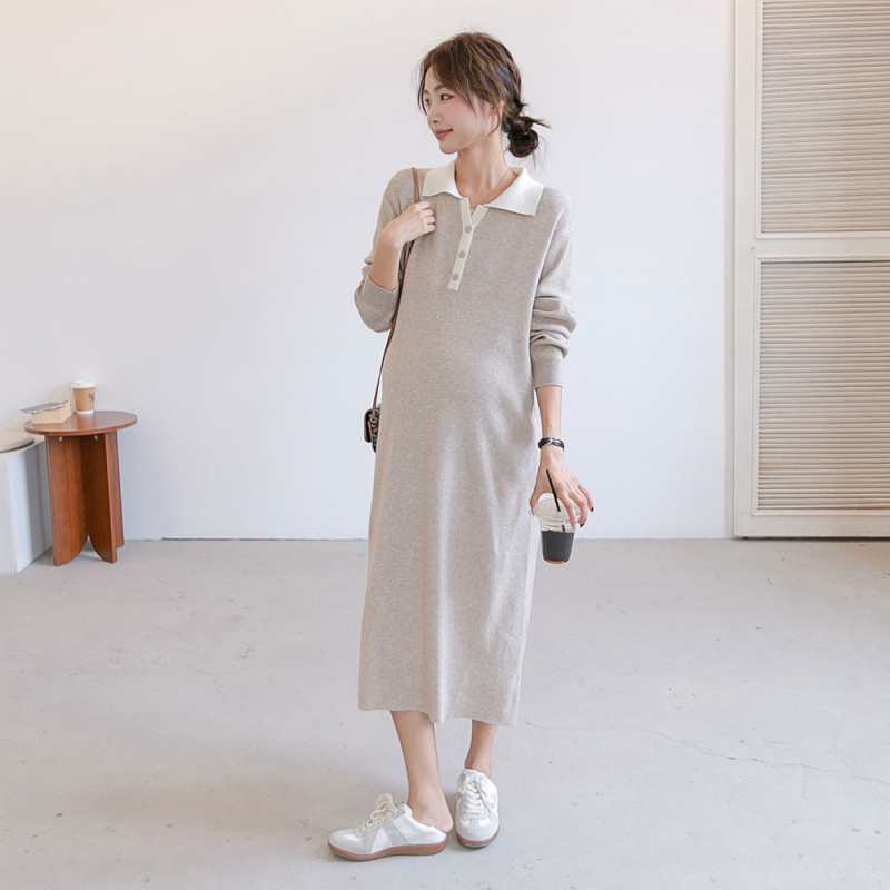 Haljina za trudnoću u korejskom stilu, s reverom, dugi rukavi, midi A-linija, poliester 95%+