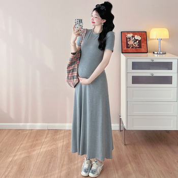 Trudnička ljetna haljina, okrugli izrez, 3/4 rukavi, pamukasto pletivo s elastanom, A-linija, srednja duljina