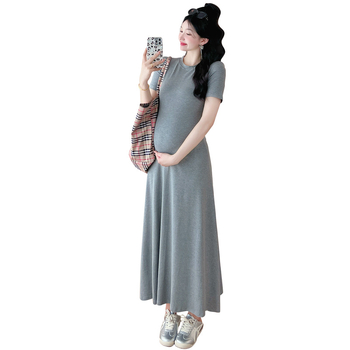 Trudnička ljetna haljina, okrugli izrez, 3/4 rukavi, pamukasto pletivo s elastanom, A-linija, srednja duljina