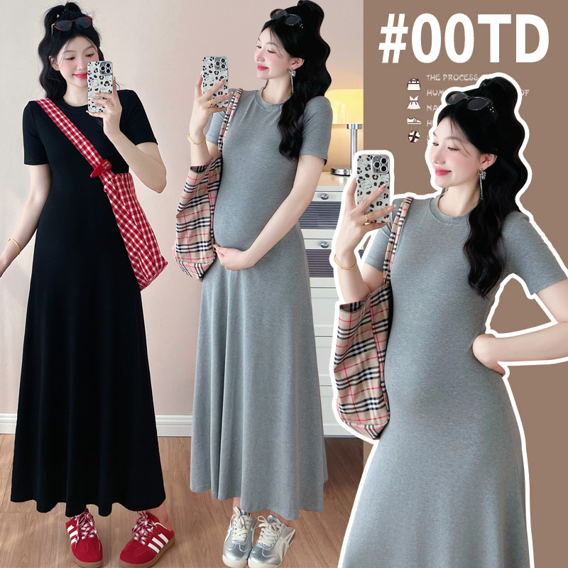 Trudnička ljetna haljina, okrugli izrez, 3/4 rukavi, pamukasto pletivo s elastanom, A-linija, srednja duljina