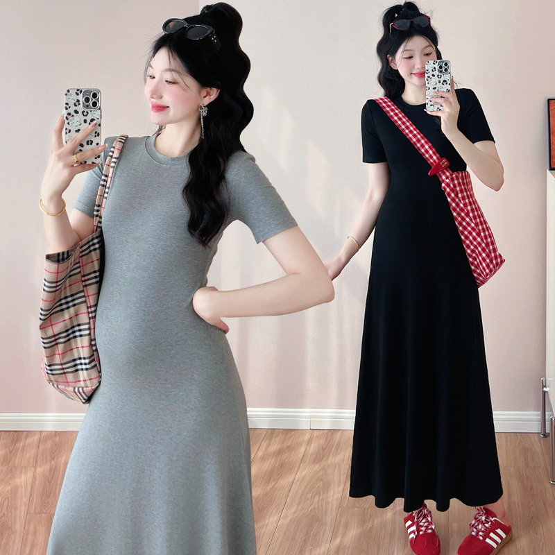 Trudnička ljetna haljina, okrugli izrez, 3/4 rukavi, pamukasto pletivo s elastanom, A-linija, srednja duljina