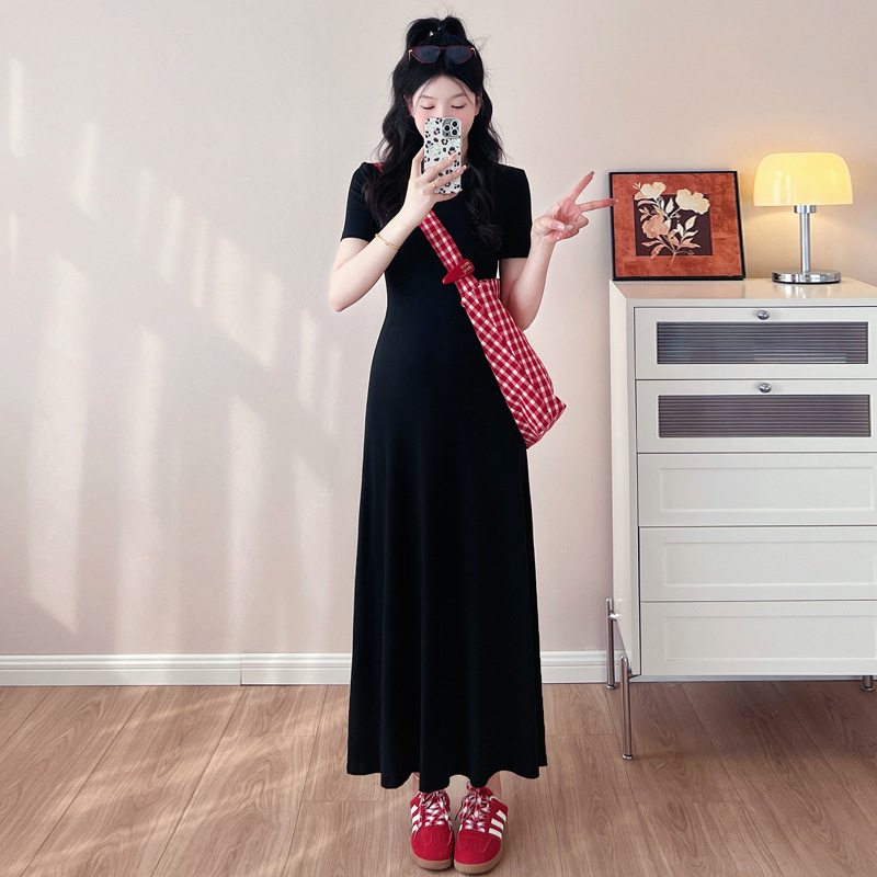 Trudnička ljetna haljina, okrugli izrez, 3/4 rukavi, pamukasto pletivo s elastanom, A-linija, srednja duljina