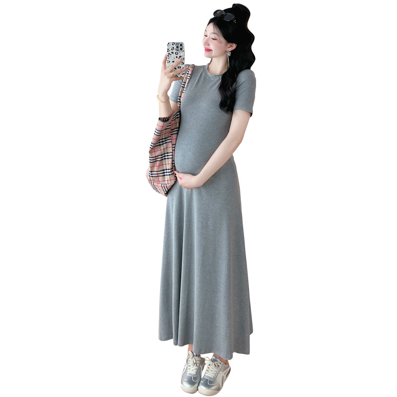 Trudnička ljetna haljina, okrugli izrez, 3/4 rukavi, pamukasto pletivo s elastanom, A-linija, srednja duljina