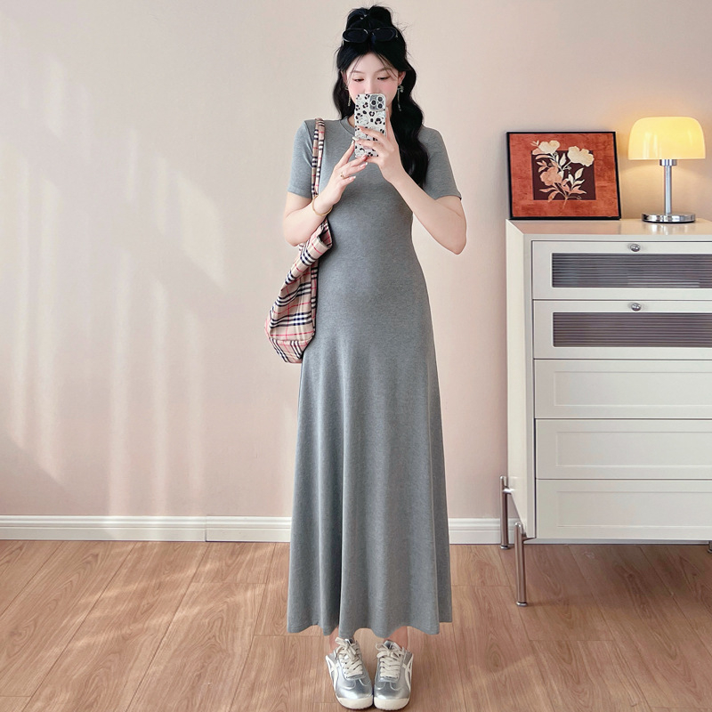 Trudnička ljetna haljina, okrugli izrez, 3/4 rukavi, pamukasto pletivo s elastanom, A-linija, srednja duljina