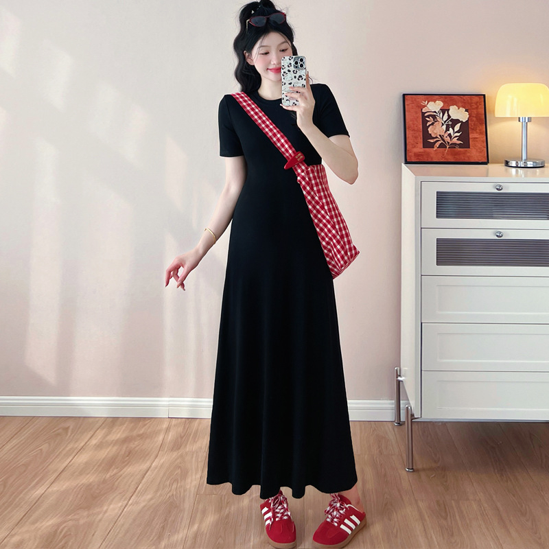 Trudnička ljetna haljina, okrugli izrez, 3/4 rukavi, pamukasto pletivo s elastanom, A-linija, srednja duljina