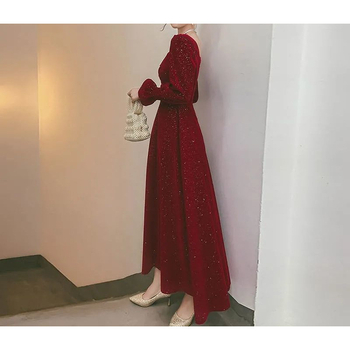 Žamet haljina, A-linijski kroj, gradski stil, šljokice, kvadratni ovratnik