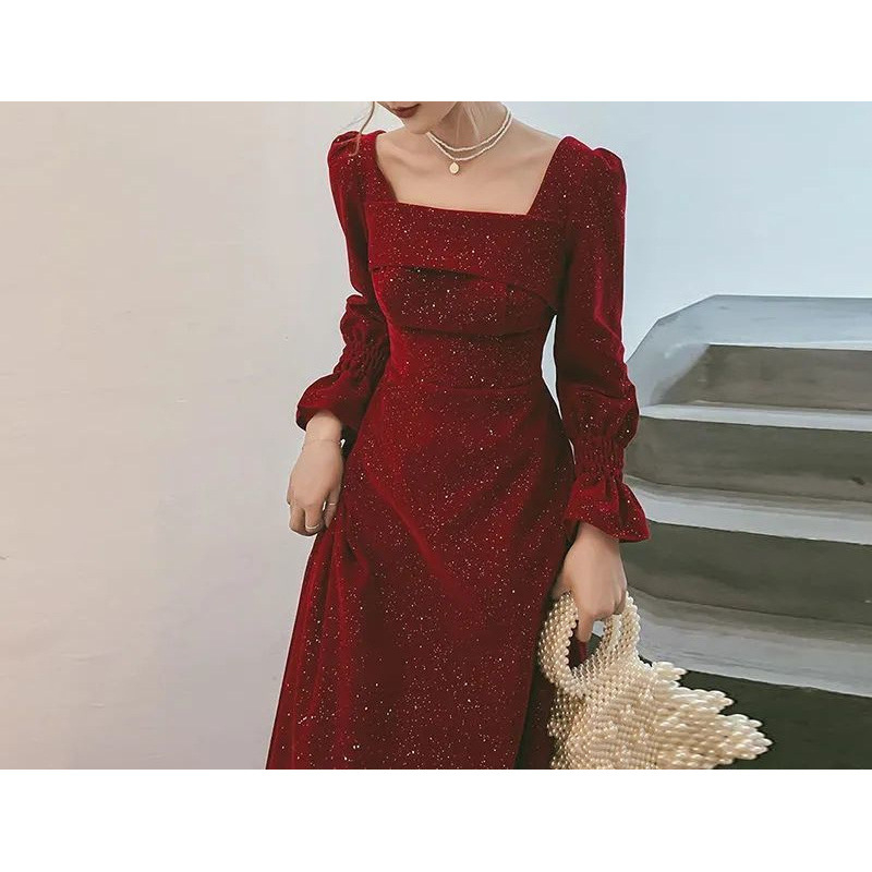 Žamet haljina, A-linijski kroj, gradski stil, šljokice, kvadratni ovratnik
