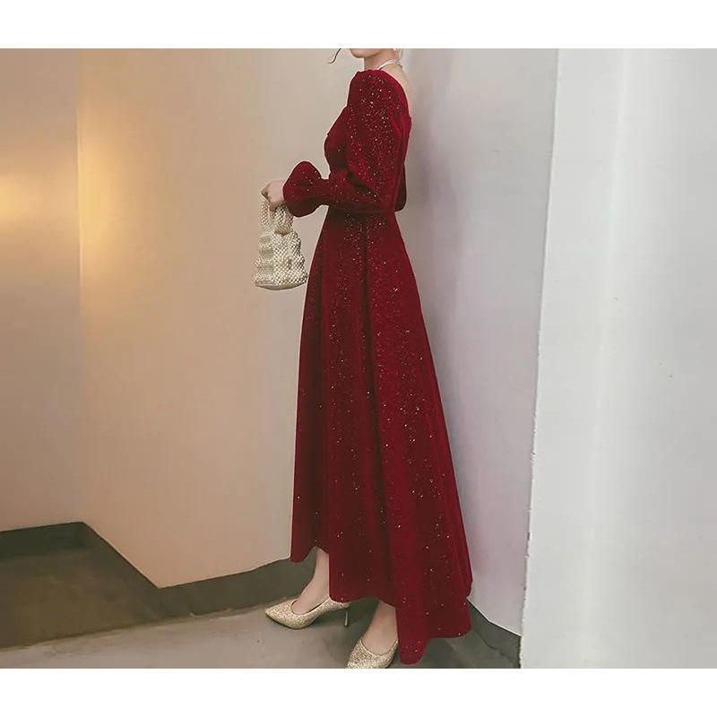 Žamet haljina, A-linijski kroj, gradski stil, šljokice, kvadratni ovratnik