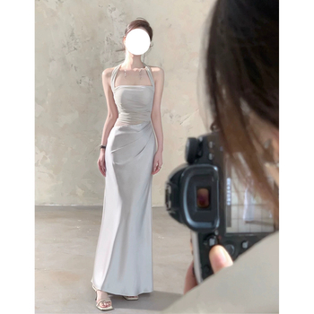 Halterneck haljina bez rukava s mrežastim satenskim panelom, duga, visoki struk, elegantan uredski stil
