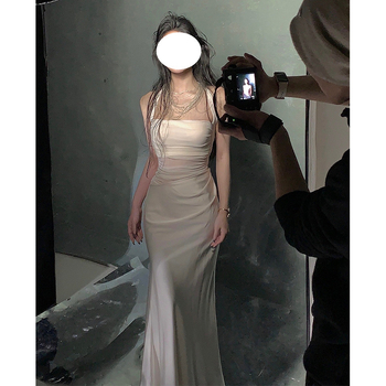 Halterneck haljina bez rukava s mrežastim satenskim panelom, duga, visoki struk, elegantan uredski stil