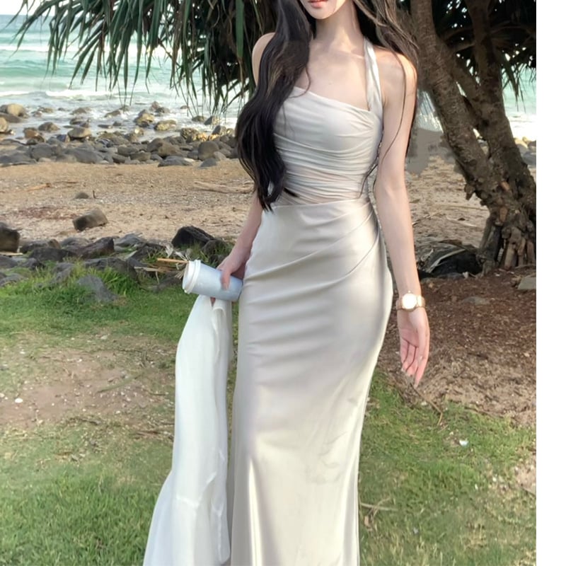 Halterneck haljina bez rukava s mrežastim satenskim panelom, duga, visoki struk, elegantan uredski stil