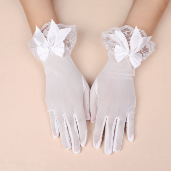 Vestuvinės pirštinės su nėrinių tinkleliu ir kaspinu, pilnos pirštų, kvėpuojančios, apsauga nuo saulės (Audinys: Nėriniai; Pagrindinė medžiaga: Poliesteris; Stilius: Pilnos pirštai; Funkcijos: Kvėpuojančios, Apsauga nuo saulės)