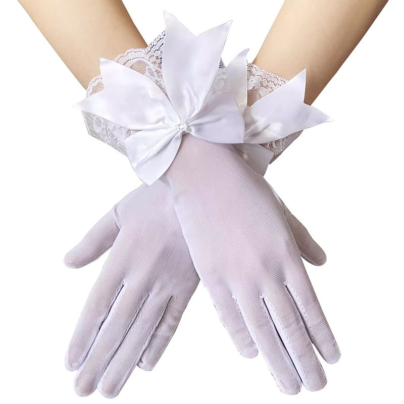 Vestuvinės pirštinės su nėrinių tinkleliu ir kaspinu, pilnos pirštų, kvėpuojančios, apsauga nuo saulės (Audinys: Nėriniai; Pagrindinė medžiaga: Poliesteris; Stilius: Pilnos pirštai; Funkcijos: Kvėpuojančios, Apsauga nuo saulės)