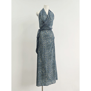 Duga haljina od svile Mulberry s printom, vezivanje šnira, V-izrez, podesivi struk