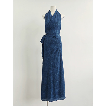 Duga haljina od svile Mulberry s printom, vezivanje šnira, V-izrez, podesivi struk