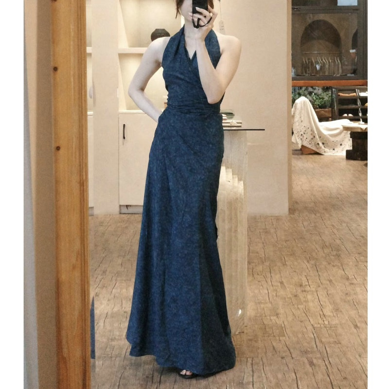 Duga haljina od svile Mulberry s printom, vezivanje šnira, V-izrez, podesivi struk