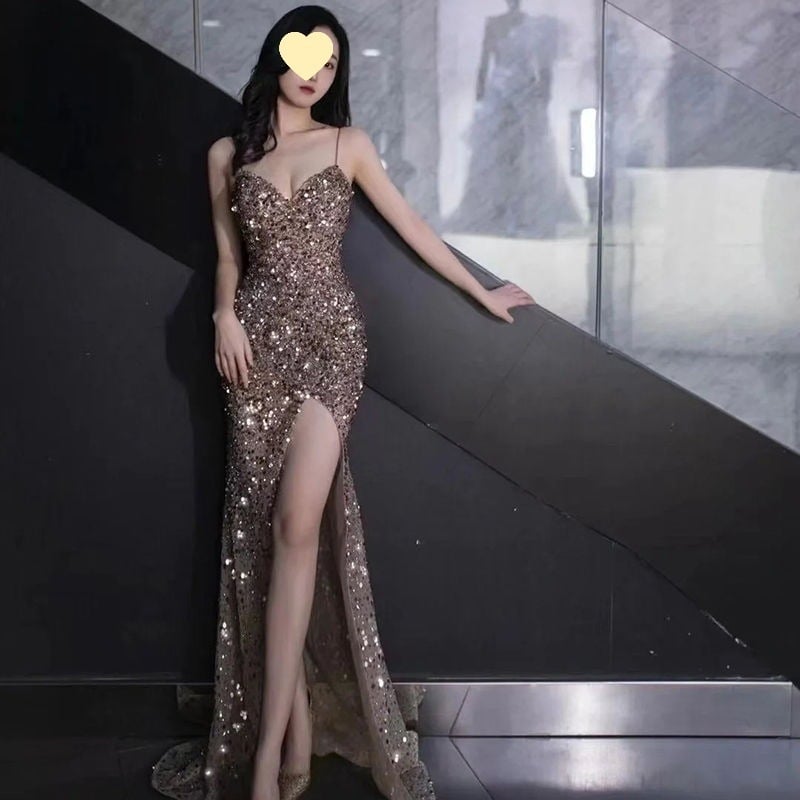 Csillogó flitteres estéruha, chenille anyag spandex-szel, ujjatlan, hosszú szoknya, 2025 tavasz