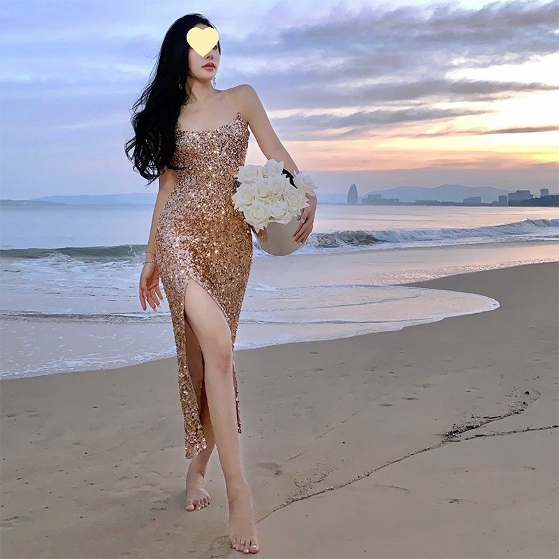 Csillogó flitteres estéruha, chenille anyag spandex-szel, ujjatlan, hosszú szoknya, 2025 tavasz