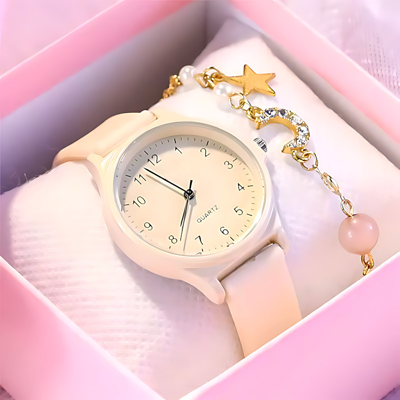 Női analóg kvarc karóra, kerek számlappal, szövött szíjjal és műanyag tokkal