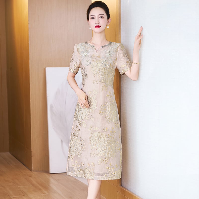 Κεντημένο πολυεστερικό φόρεμα σε Α-γραμμή, στρογγυλός λαιμός, μανίκια 3/4