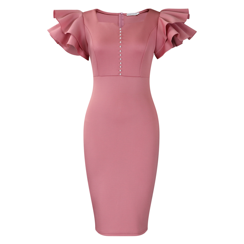 D575 Φόρεμα με χάντρες, μανίκια σε σχήμα λωτού, V-λαιμό, ψηλή μέση, μήκος midi